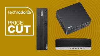Wo-we P6 Lite Mini PC, HP EliteDesk 800 G5-SFF Mini PC, Lenovo Thinkcentre M75S G2 SFF Mini PC on a yellow background with a price cut text overlay
