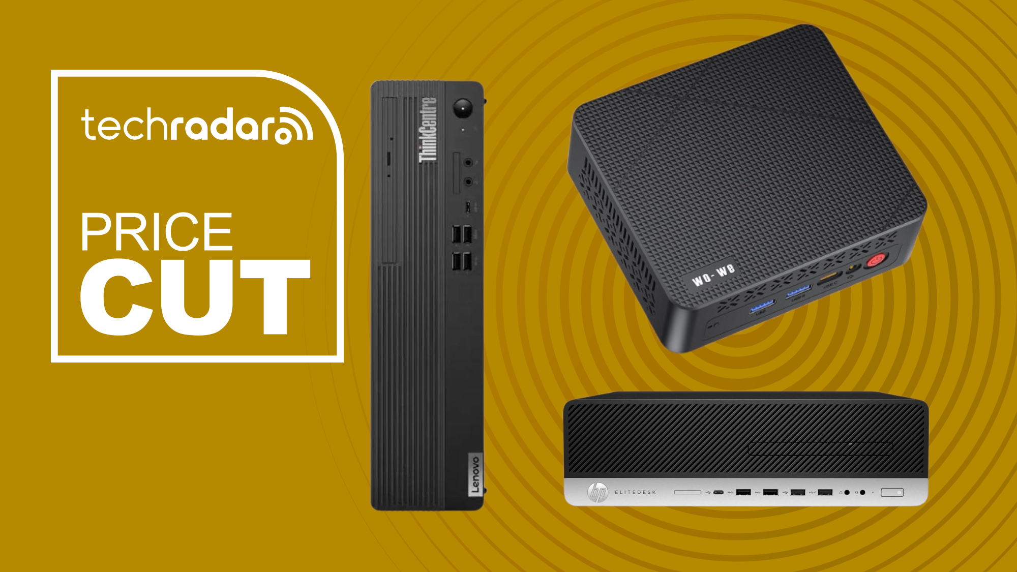 Wo-we P6 Lite Mini PC, HP EliteDesk 800 G5-SFF Mini PC, Lenovo Thinkcentre M75S G2 SFF Mini PC on a yellow background with a price cut text overlay