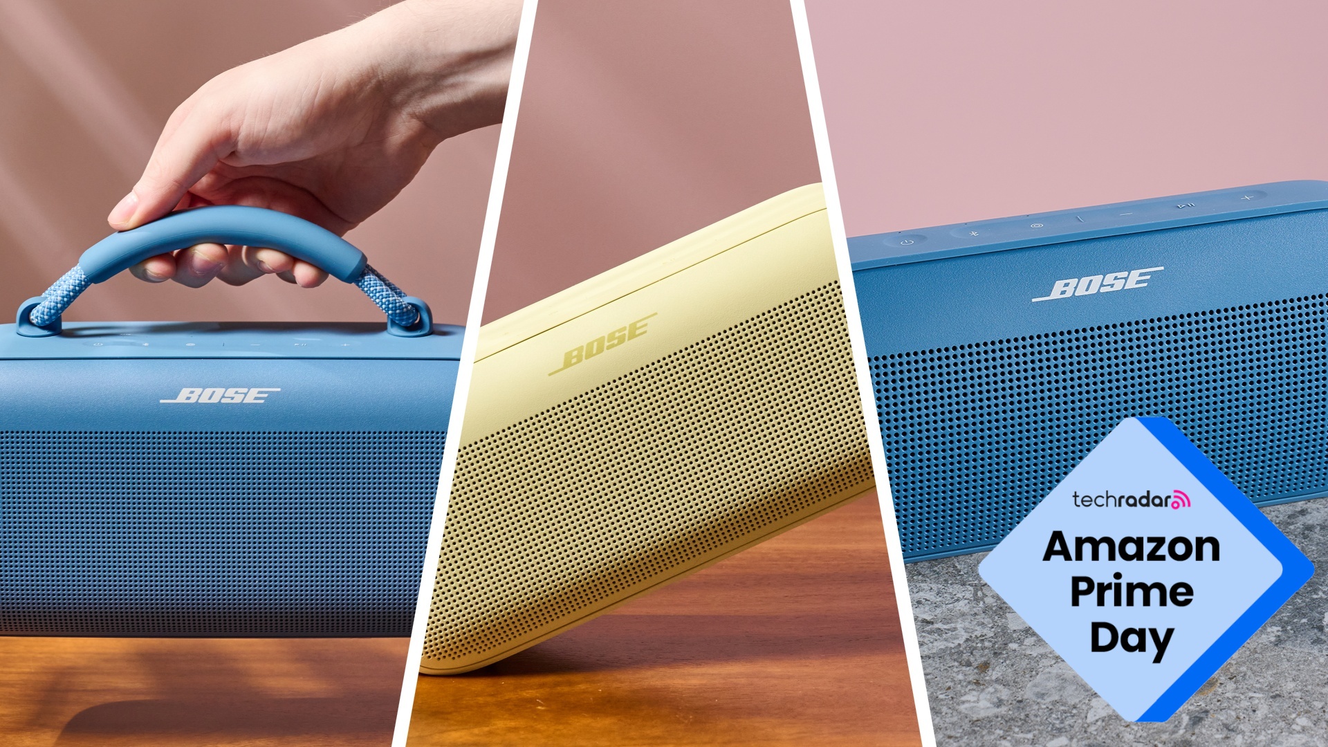 3 Bluetooth speakers beside one another with logo that reads 'TechRadar: Amazon Prime Day'