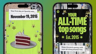 Two smartphones showing visual cars from Spotify's new Party of the Years experience