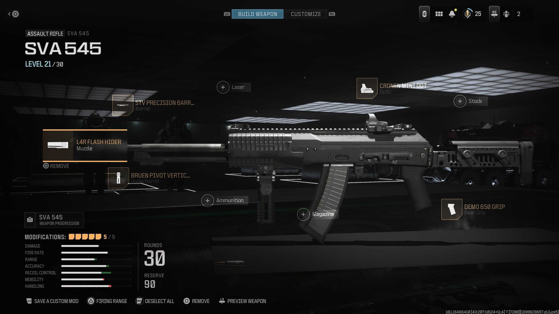 The SVA 545 assault rifle in the Gunsmith menu