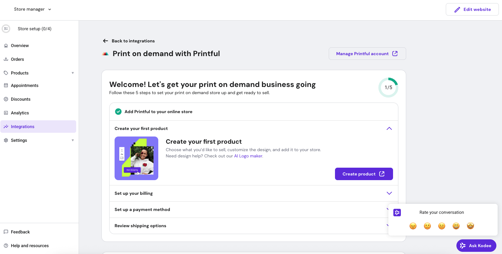 screenshot of Hostinger website builder Printful plugin