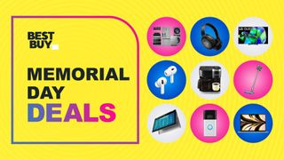 Collage of tech products from the best Buy memorial day sale on a yellow background
