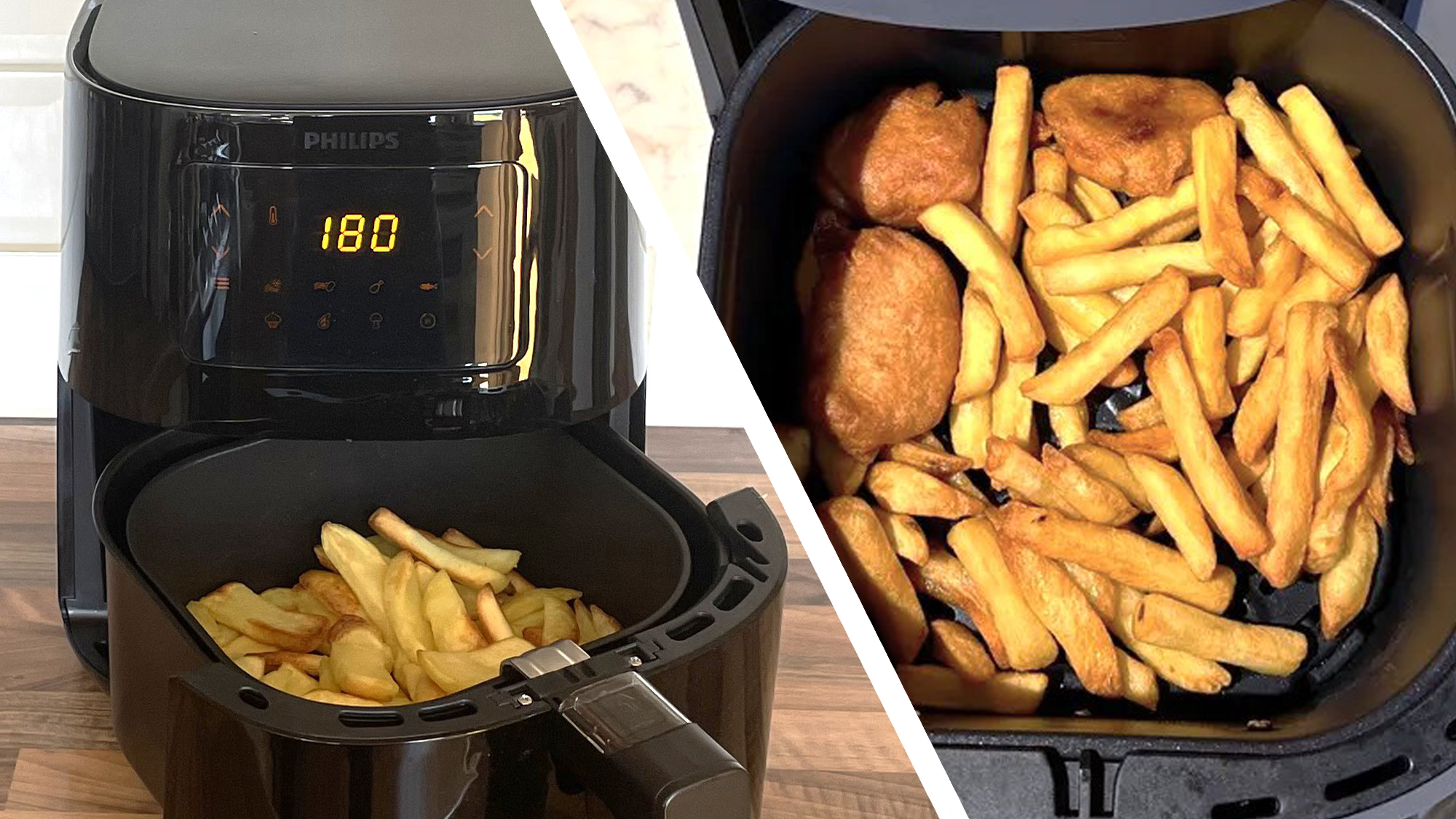 Air fryer with drawer open showing cooked fries, and close-up of fries and chicken nuggets in air fryer