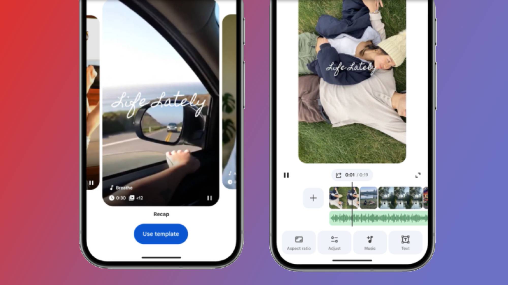 Two Android phones showing the new video templates and universal timeline view in the new Google Photos video editor