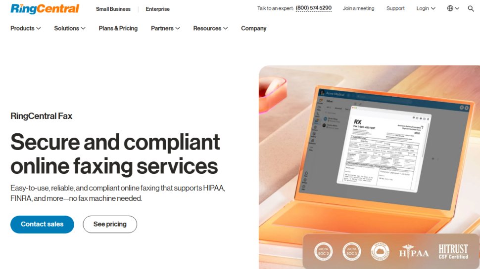 Website screenshot of RingCentral Fax (November, 2025)
