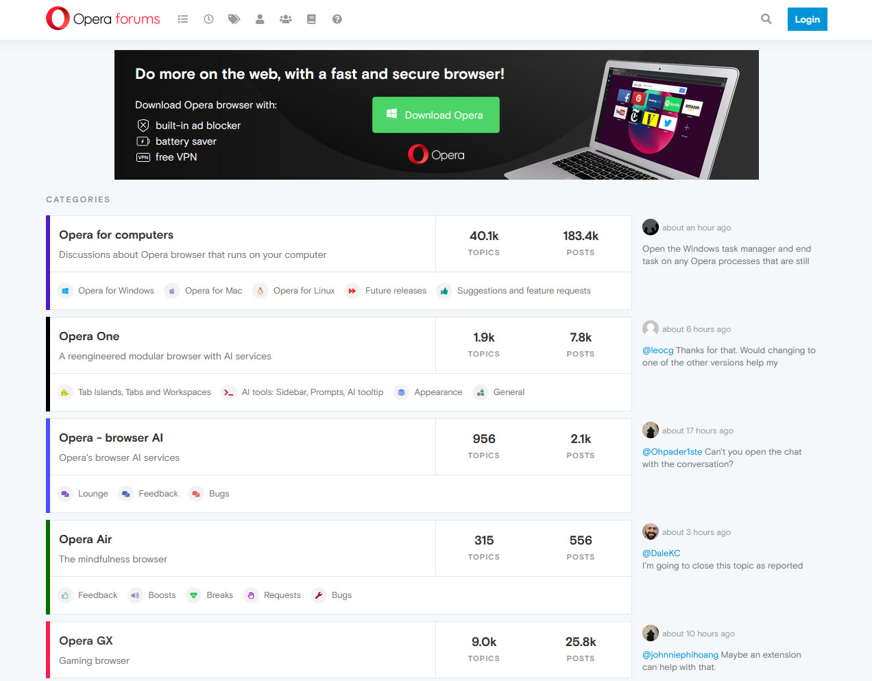 A screenshot of the Opera forums showing the different categories.
