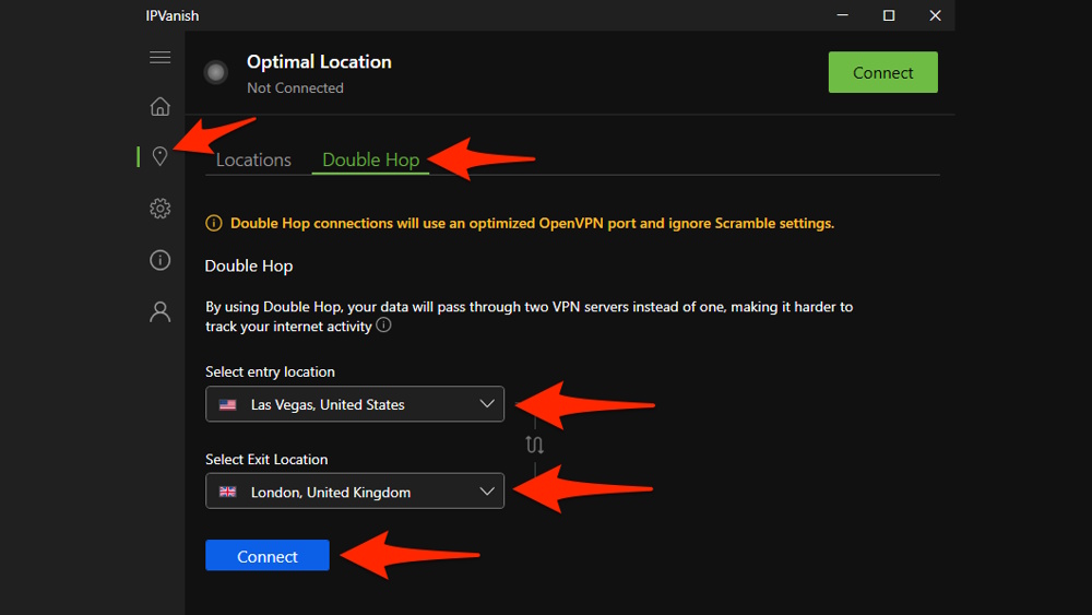 The IPVanish settings menu for Windows showing how to turn on and operate Double Hop VPN.