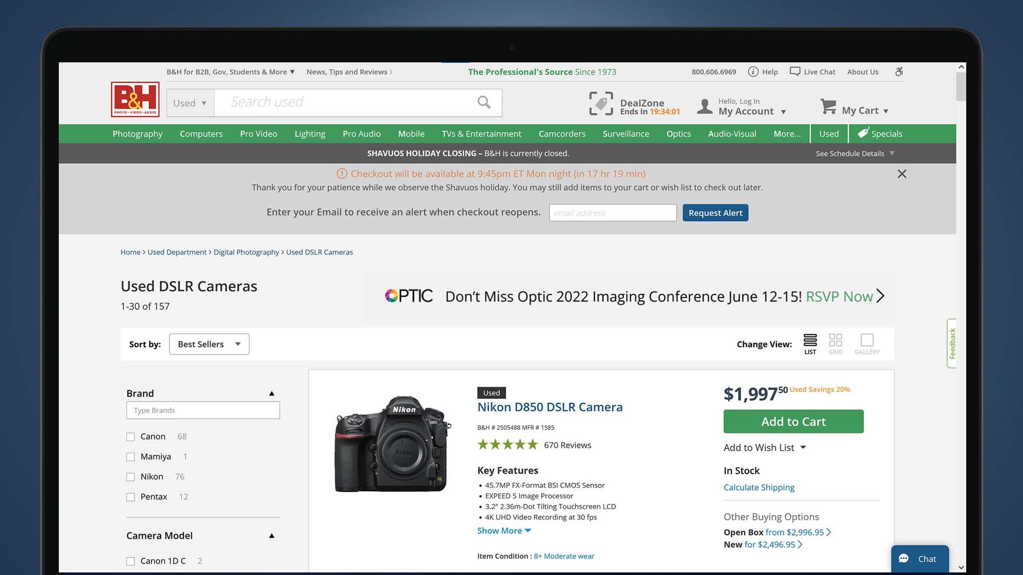 A laptop screen showing the B&amp;amp;H Photo Video site