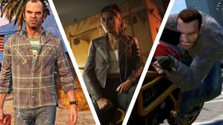 Trevor from GTA 5, Lucia from GTA 6, and Nico from GTA 4 (on a motorcycle) side by side