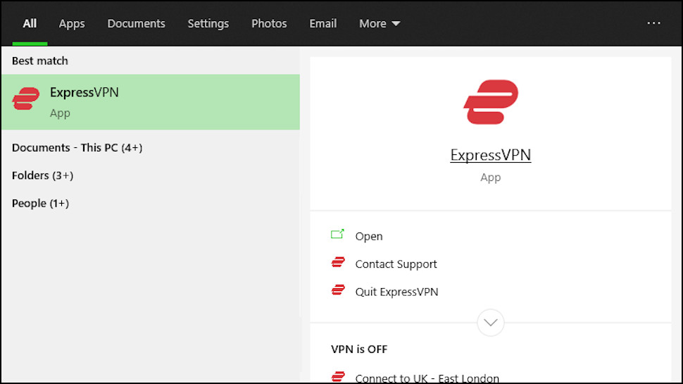 Launching ExpressVPN from the Windows 10 Start menu