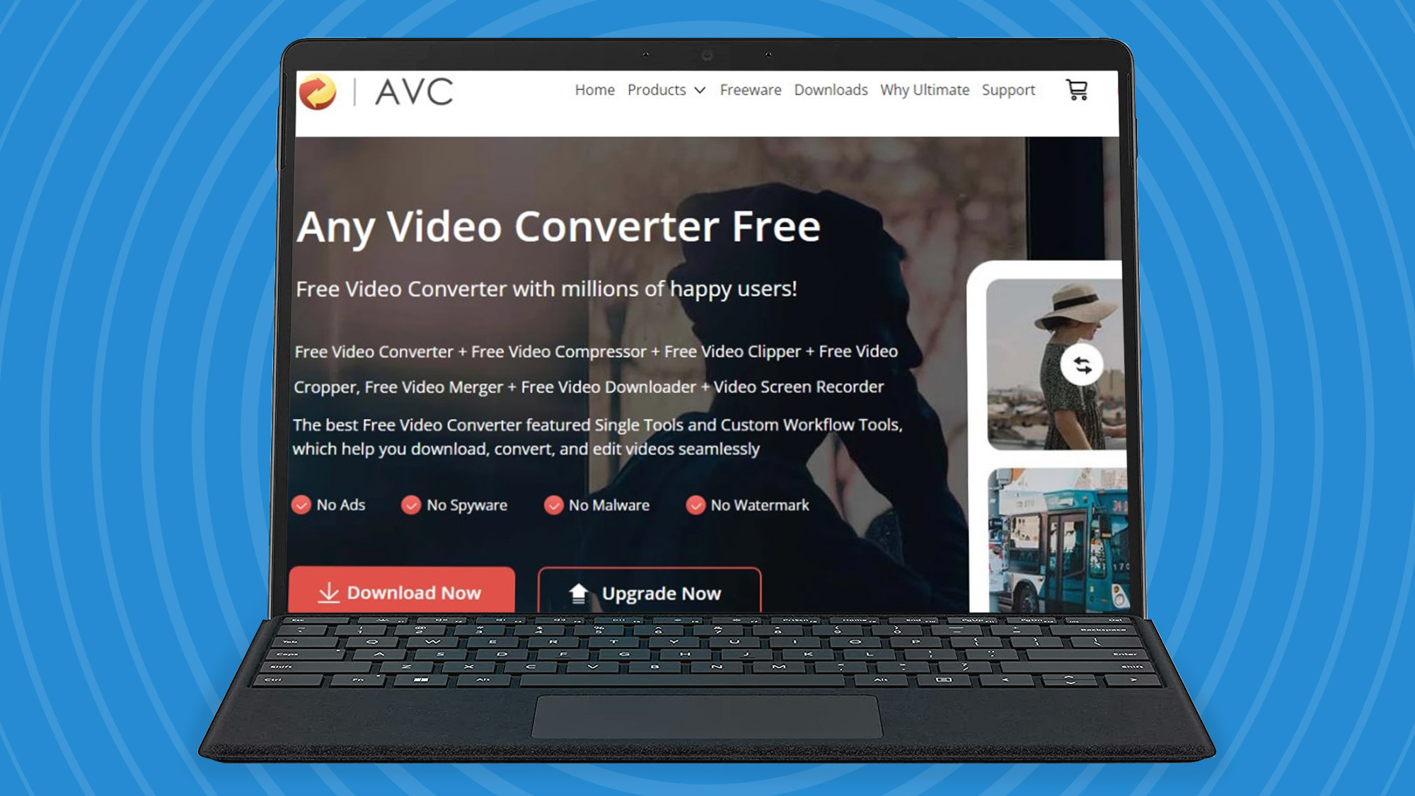 A screenshot from Any Video Converter Free on a laptop screen, on a blue background
