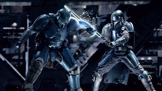 Din Djarin battles another Mandalorian for the Darksaber in The Book of Boba Fett