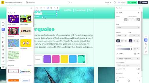 hatch website builder being used to create a colorful website