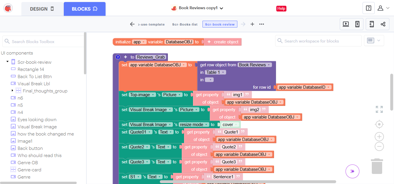 Defining app logic using Thunkable's Scratch-inspired block-based system