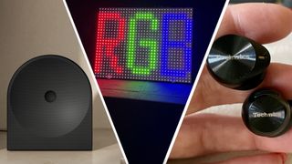 An image showing the Samsung Music Studio 5 speaker, an RGB backlight demonstration, and a pair of Technics earbuds