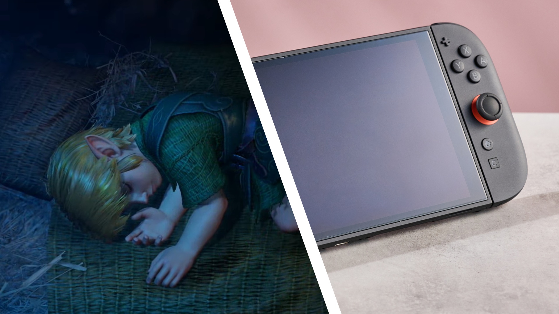 A two-part image featuring a screenshot of The Legend of Zelda: Ocarina of Time on the left and the Nintendo Switch 2 on the right.