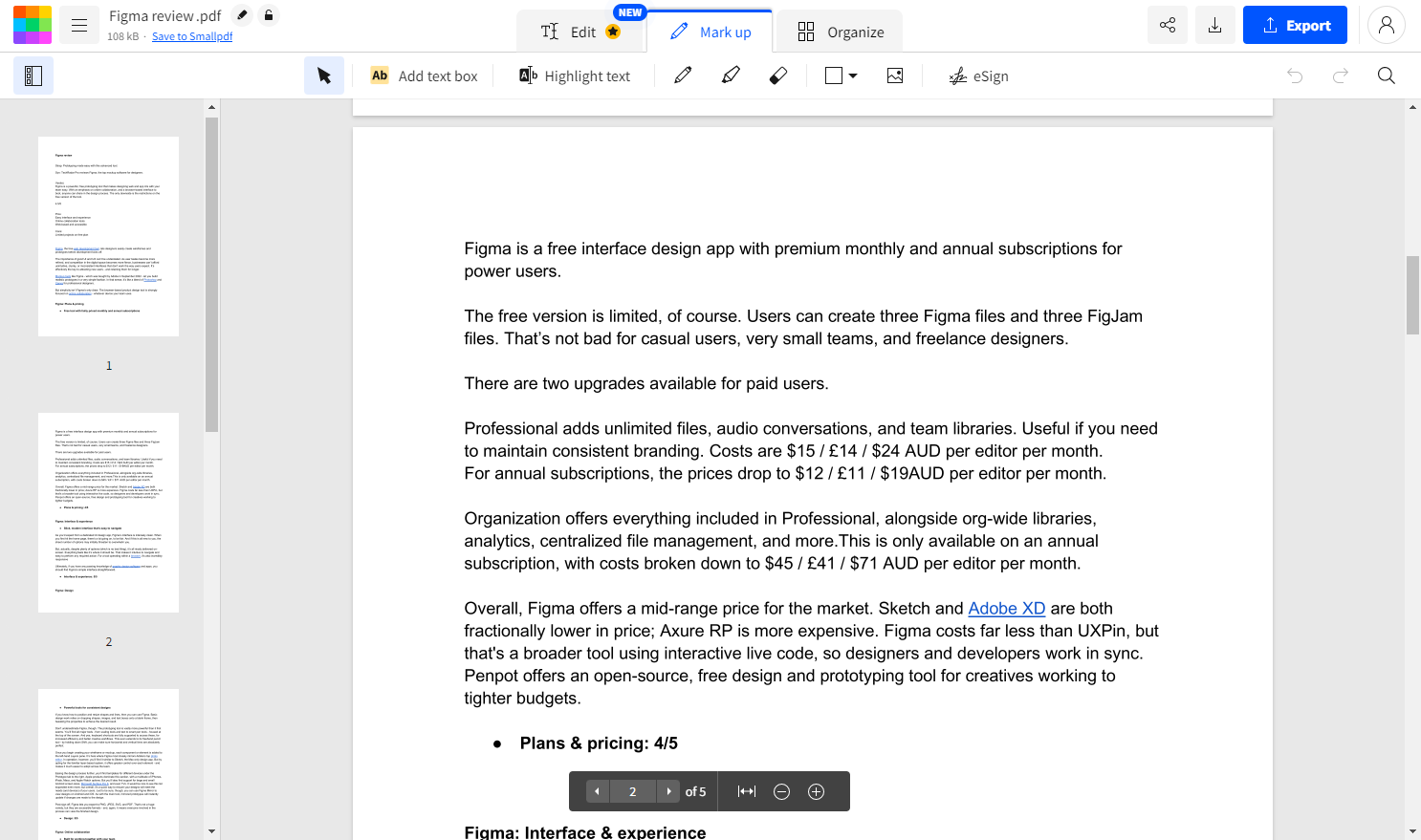 Editing a PDF for free in Smallpdf