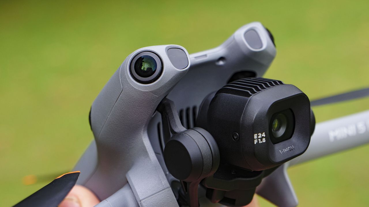 Close up of the DJI Mini 5 Pro drone's LiDAR and object sensing sensors