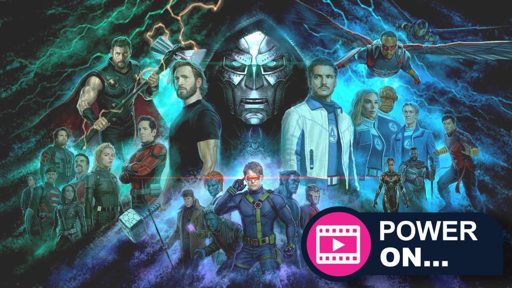 An Avengers: Doomsday mural showing Doctor Doom and MCU heroes with the Power On... badge attached to it