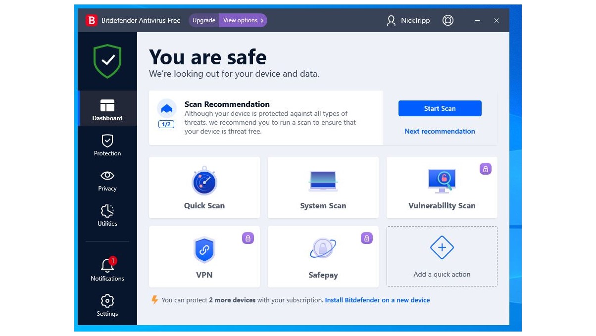 Bitdefender dashboard on a Windows desktop