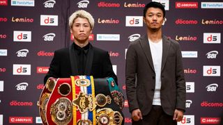 Naoya Inoue and Junto Nakatani pose together before their fight for the undisputed super-bantamweight world title.