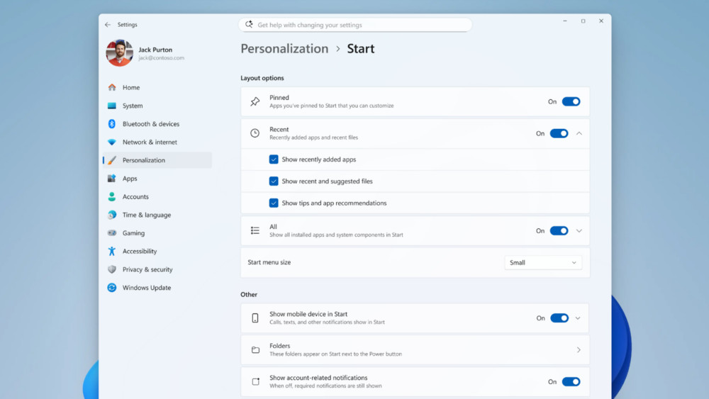 Windows 11 new Start menu options in Settings as of June 2026