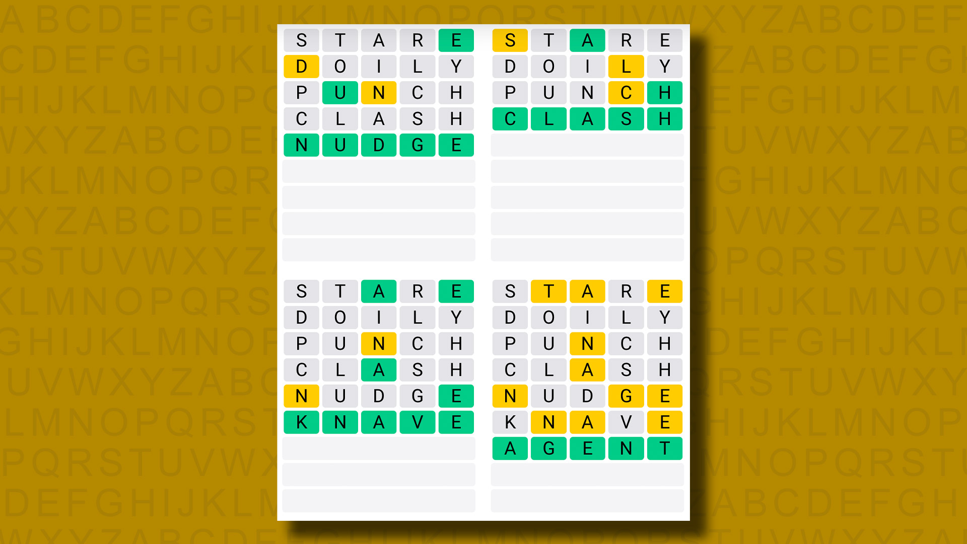 Quordle answers for game 830 on a yellow background