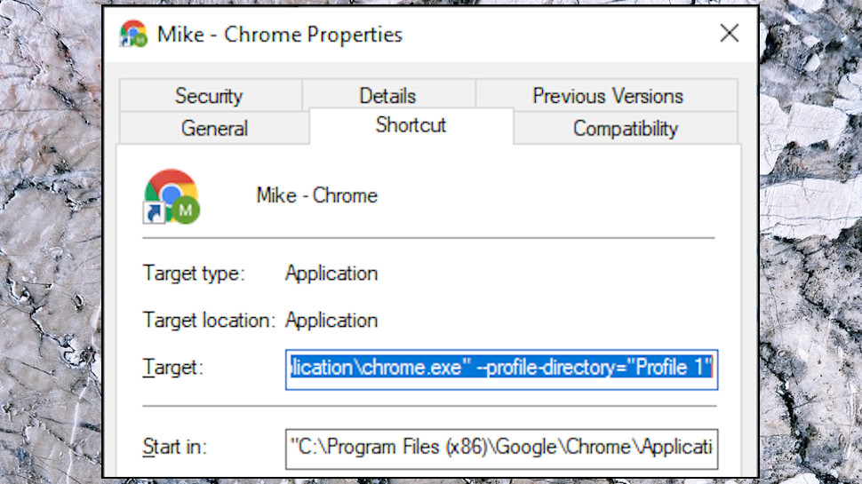A Windows shortcut pointing to Google Chrome
