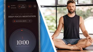 Meditation app and man meditating in a split screen view.