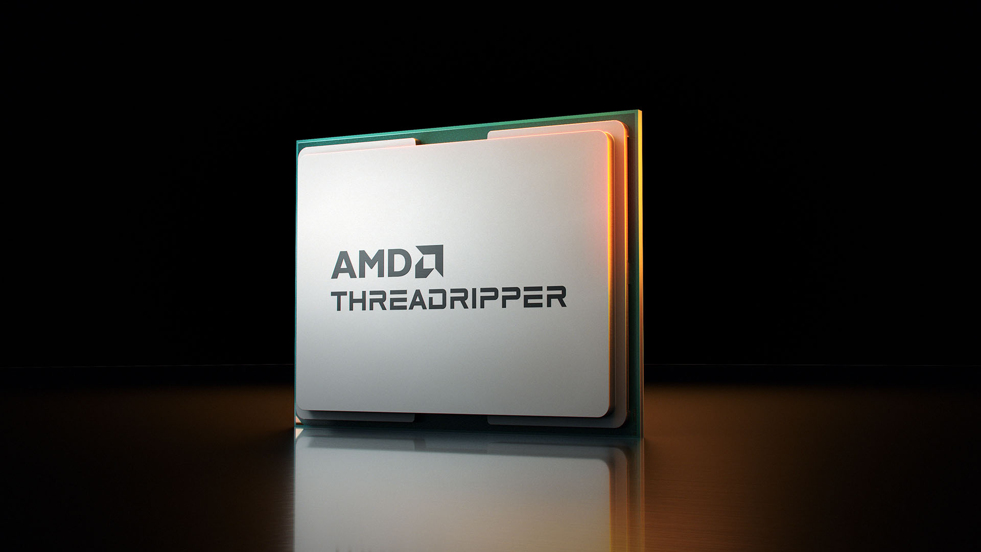 A mockup of an AMD Threadripper 9000-series chip on a reflective surface