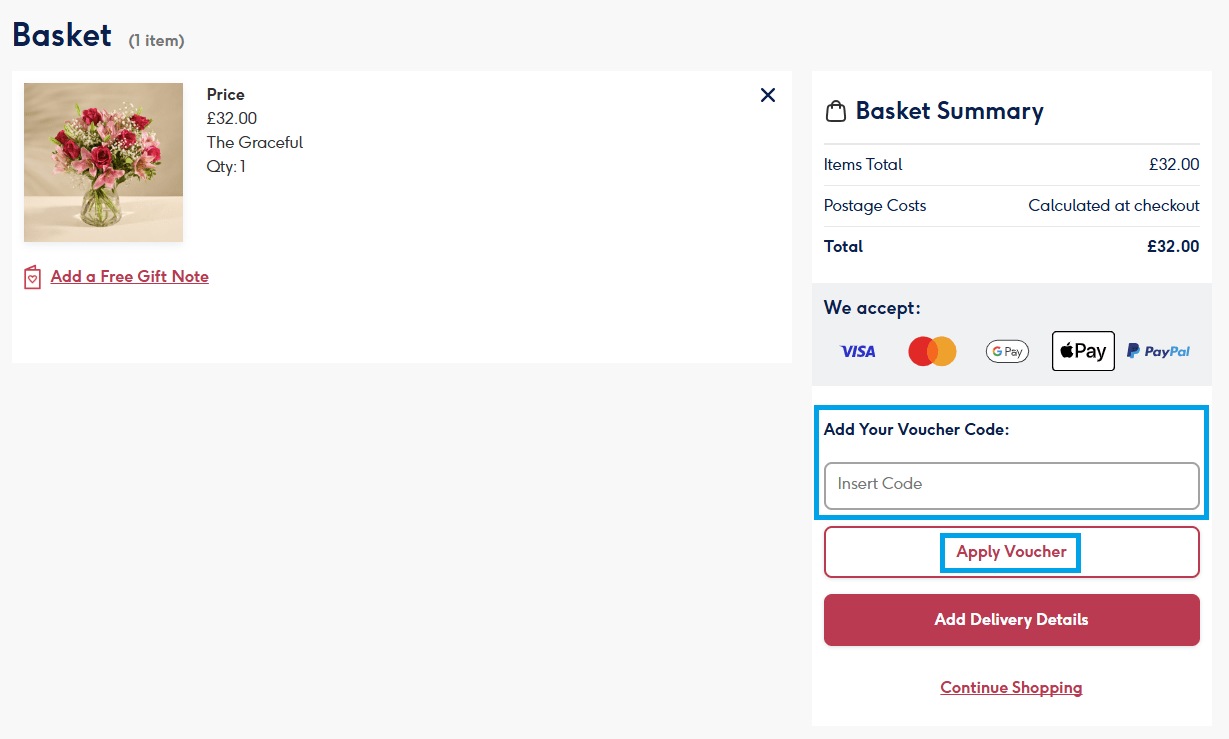 An instructional image showing a view of the Moonpig basket page. On this page, you can view the selected products, the basket summary, which includes the product price, postage cost, and the forms of payment accepted (Visa, Mastercard, Google Pay, Apple Pay, and PayPal). It also features a box where you can add your Moonpig discount code, which is highlighted, as well as a highlighted button labeled 'Apply Voucher' that will apply the discount to the user.
