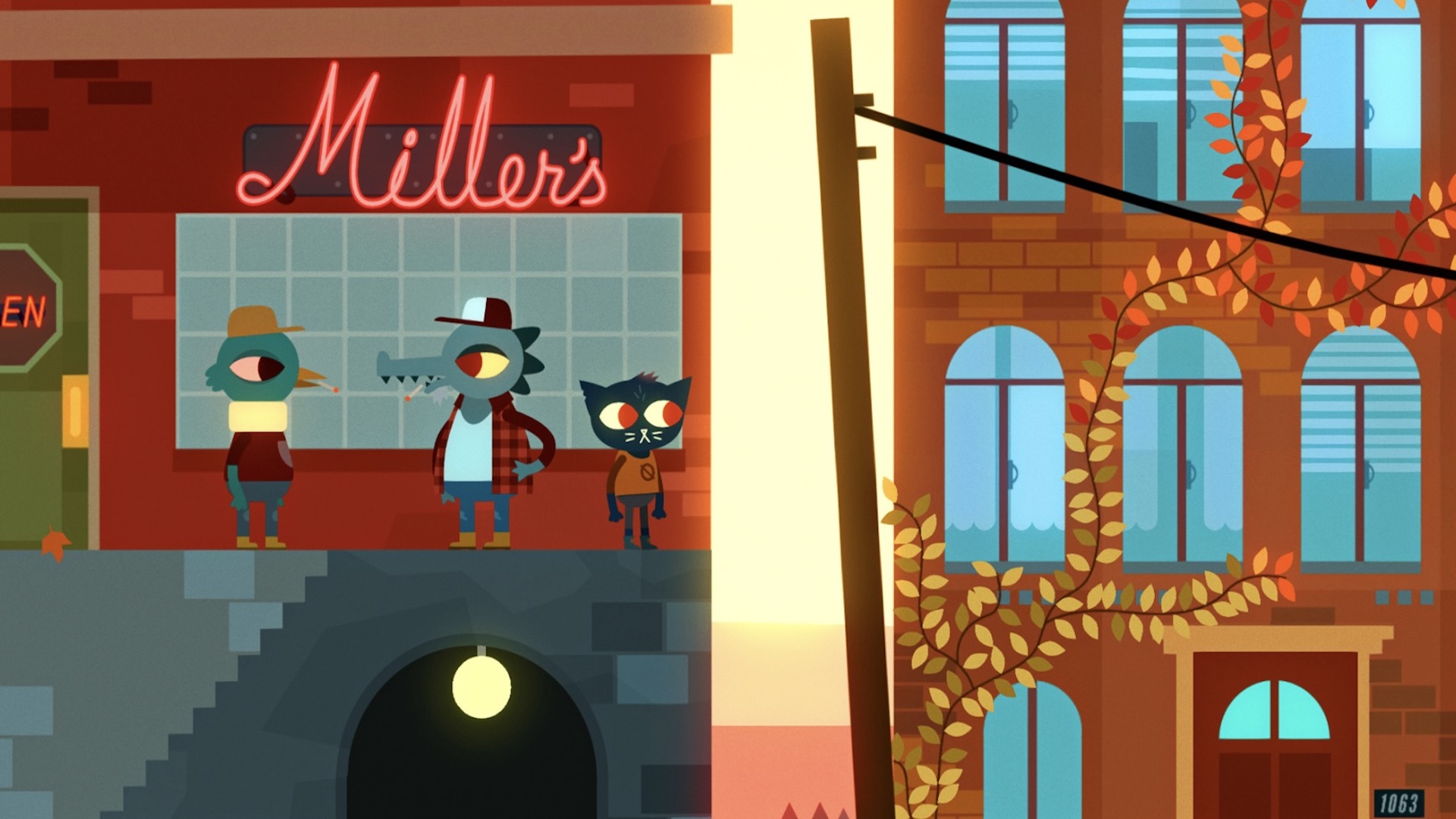 Mae and friends stand outside Miller's bar on an autumn day