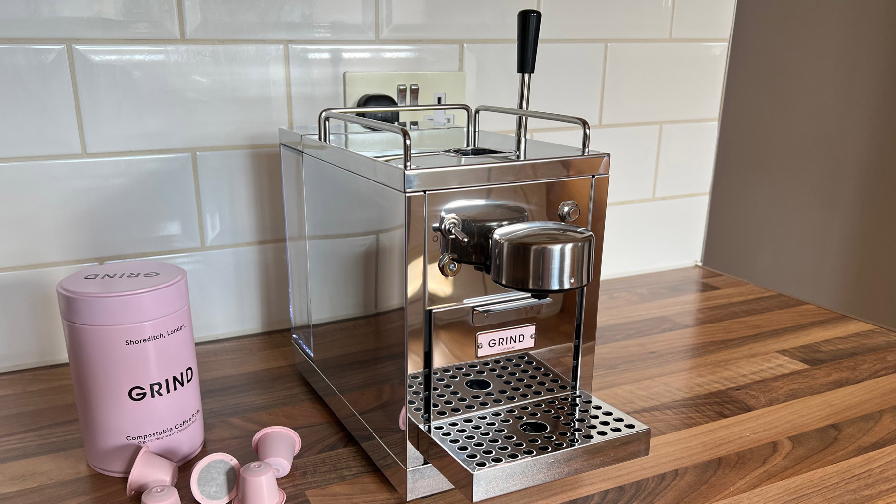 The side view of the Grind One Pod machine