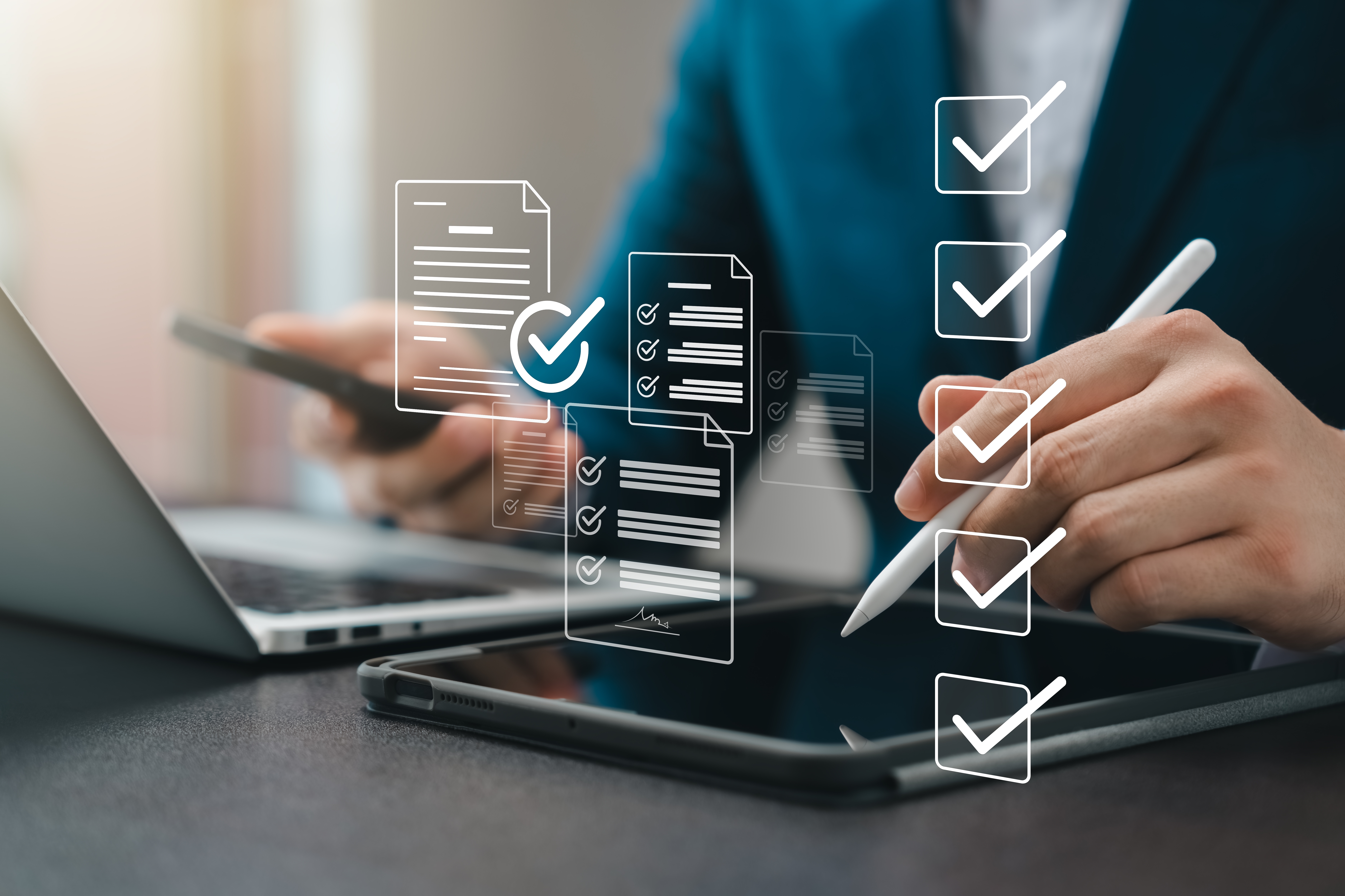 Business performance monitoring concept, businessman using tablet and laptop Online survey filling out, digital form checklist, blue background.