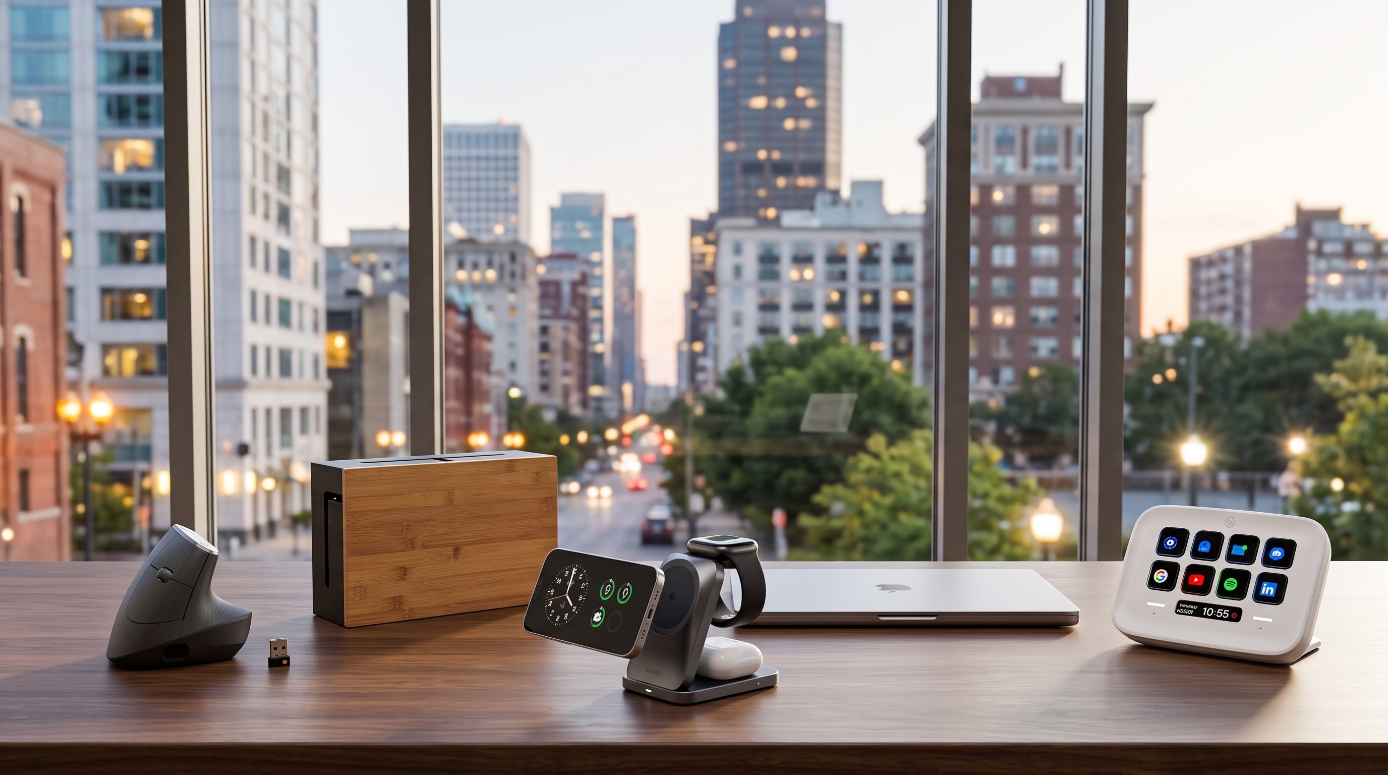 A selection of home office gear on a desk with a cityscape behind it