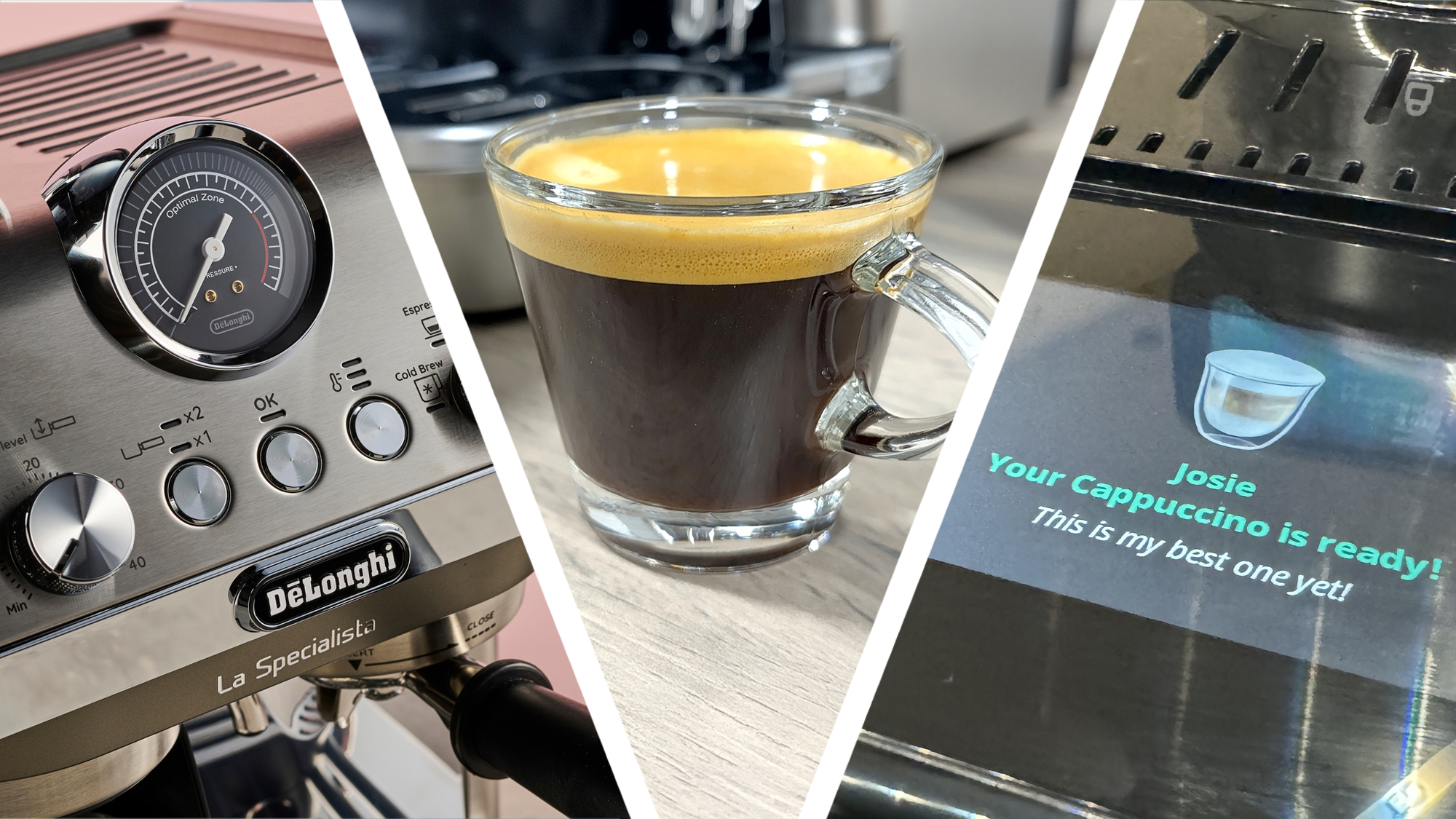 Split image of two De'Longhi coffee makers, and an espresso using a third De'Longhi coffee maker
