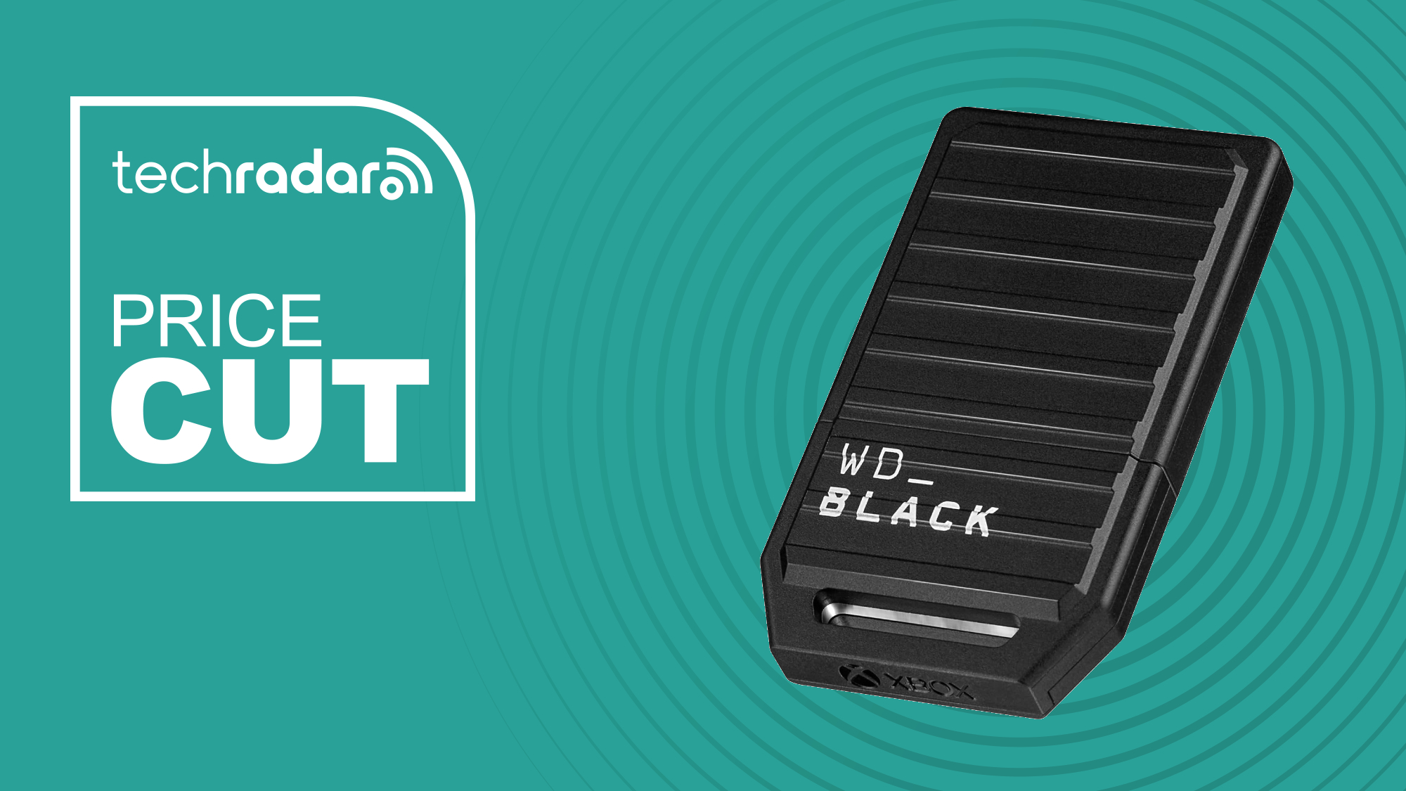 The WD Black C50 Xbox expansion card on a cyan background with white price cut text