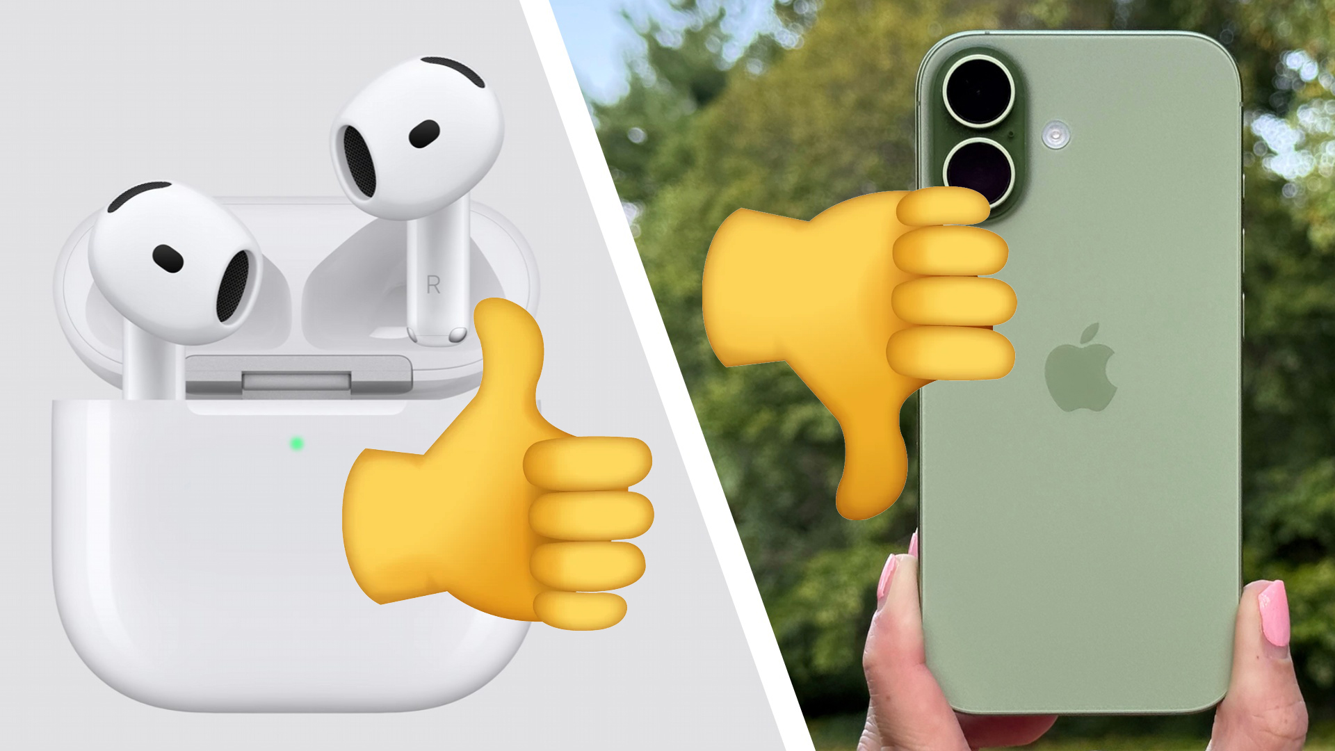 A pair of AirPods 5 with a thumbs-up emoji, and an iPhone 17 with a thumbs down emoji