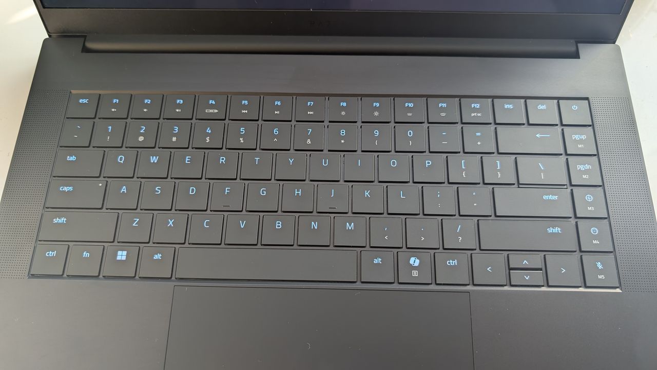 The Razer Blade 16 photographed for TechRadar on a white surface with plants in the background.