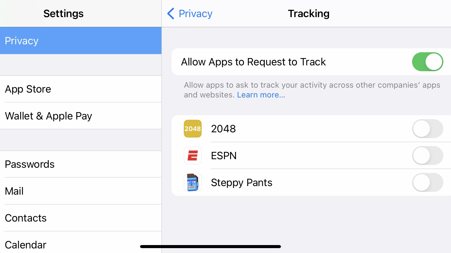 The iPhone Tracking Settings page