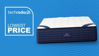 DreamCloud sales and deals, featuring a DreamCloud mattress against a blue background with a badge saying "LOWEST PRICE"