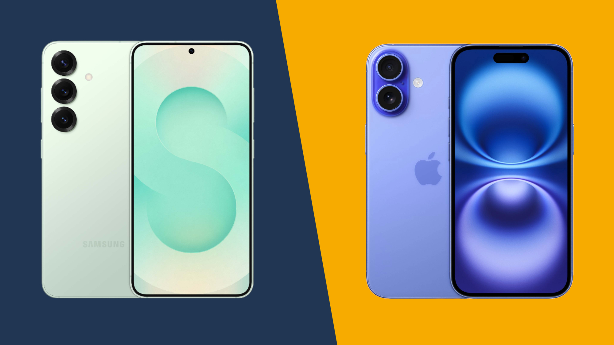 The Samsung Galaxy S25 and iPhone 16 against a blue and orange background