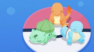Charmander, Squirtle, and Bulbasaur sitting on a Poke-ball in Pok&eacute;mon Sleep