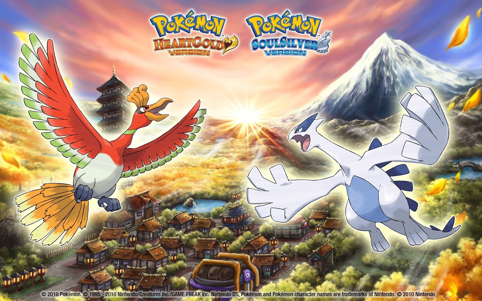 The Pok&amp;eacute;mon Ho-Oh and Lugio in front of a view of the Johto region