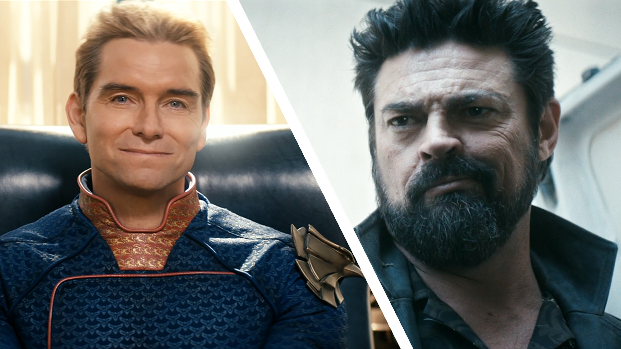 A collage of Homelander looking directly into the camera and Butcher smirking in The Boys season 5 finale