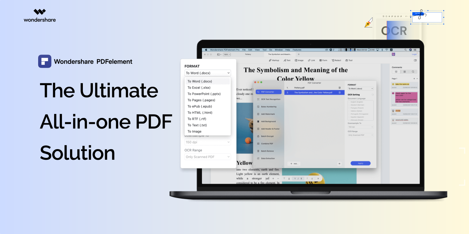 Visual of PDFelement's functionality and tools as it would appear on a laptop