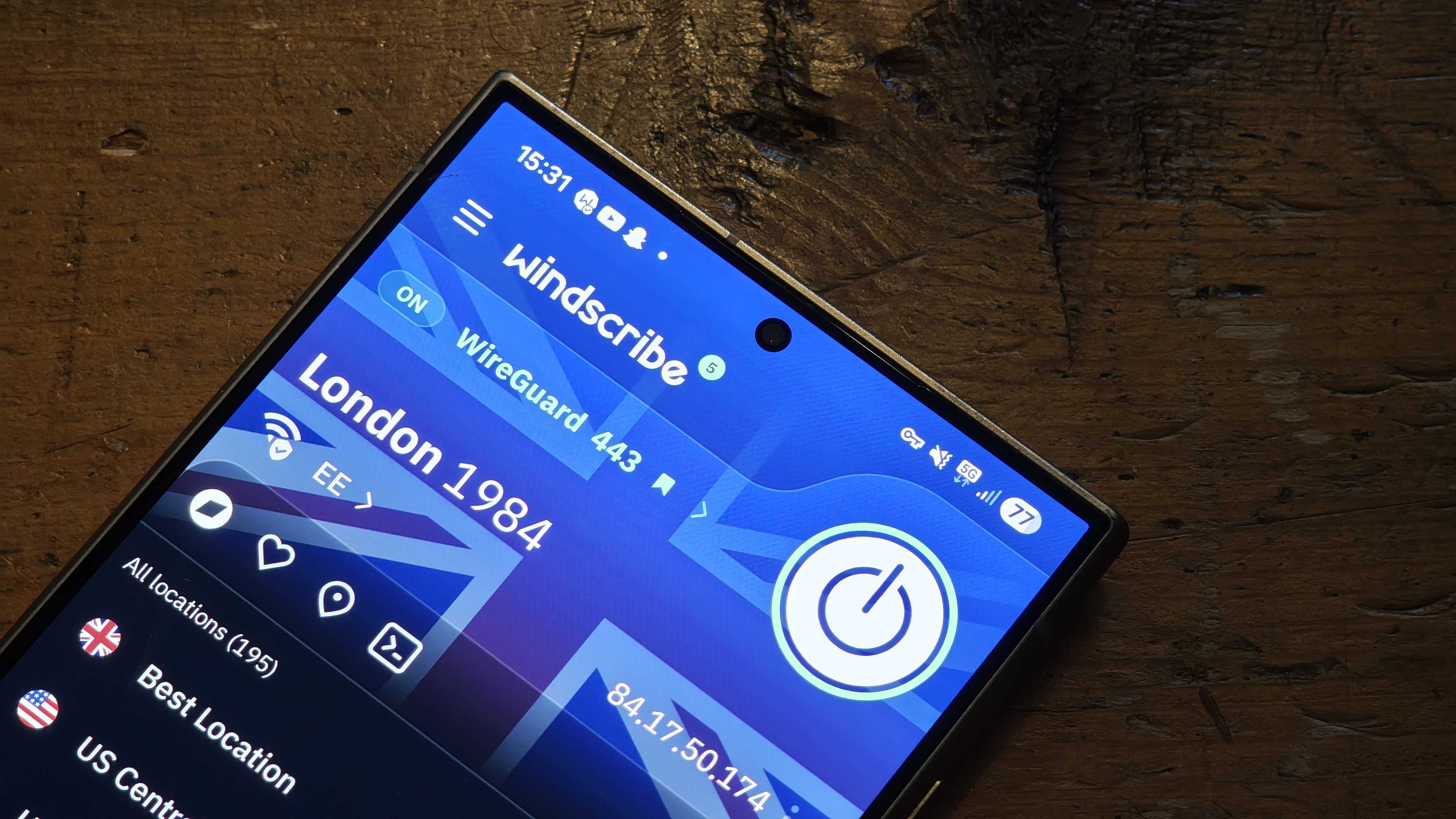Windscribe VPN turned on on android device