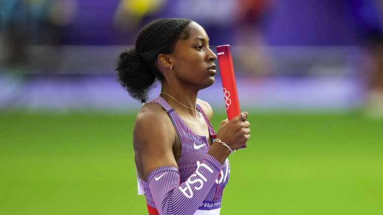 Kaylyn Brown of Team United States competes ahead of the women&rsquo;s 4x400m relay final at Olympics 2024