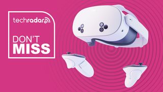 A virtual reality headset and two controllers